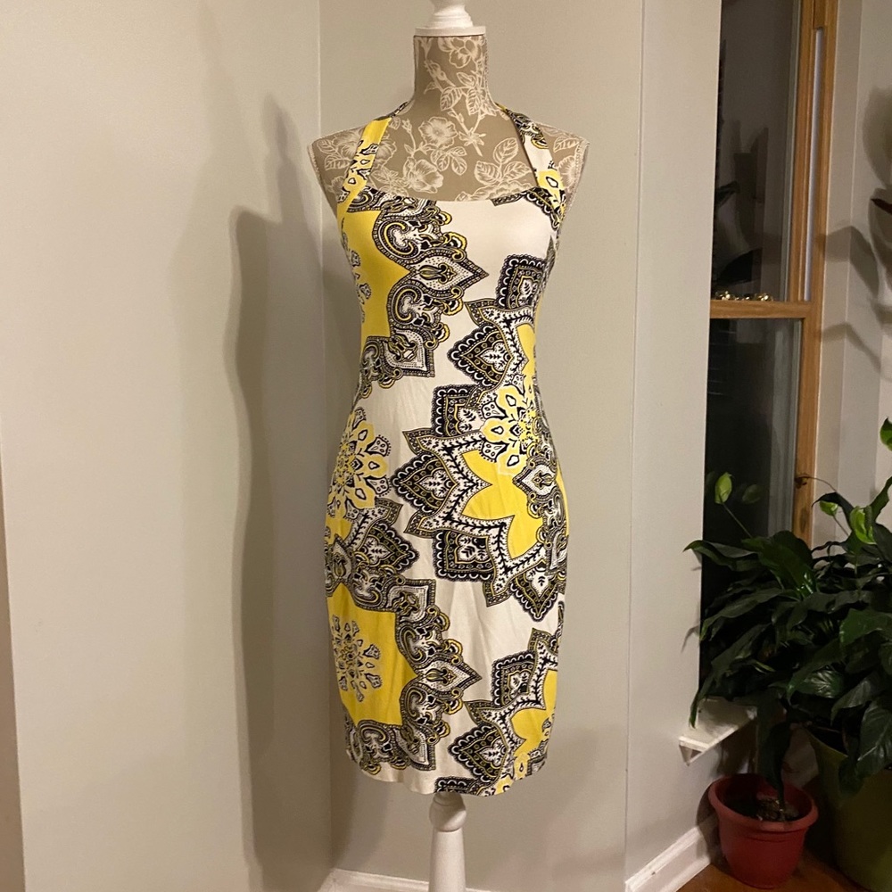 Cache’ Body Con Medallion Print Halter Dress